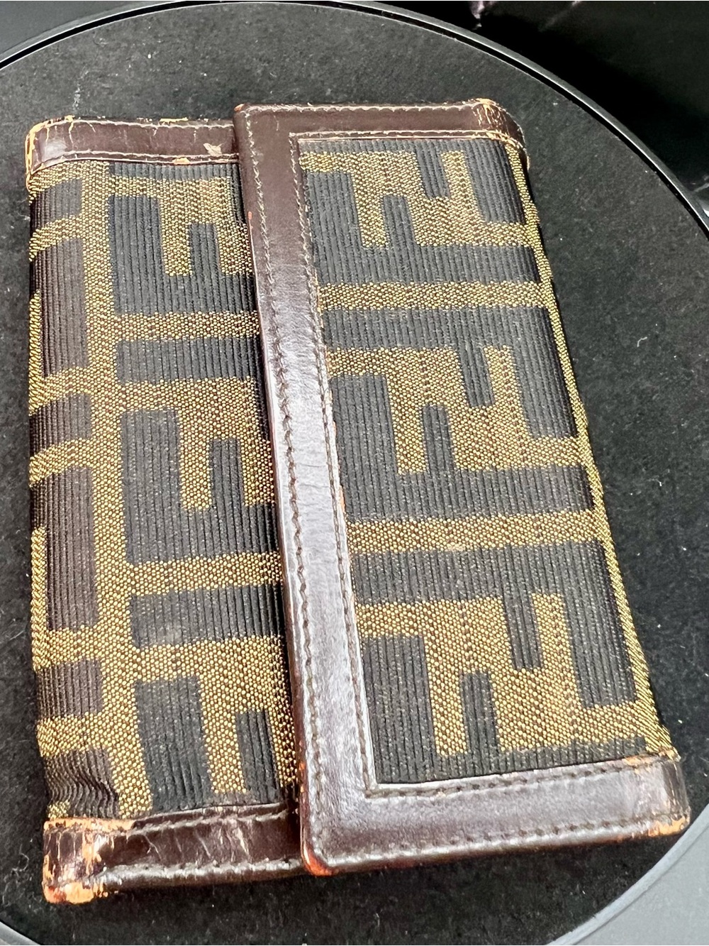 Fendi Zucca Canvas w/Brown Leather Trim Vintage Trifold Wallet. GUC